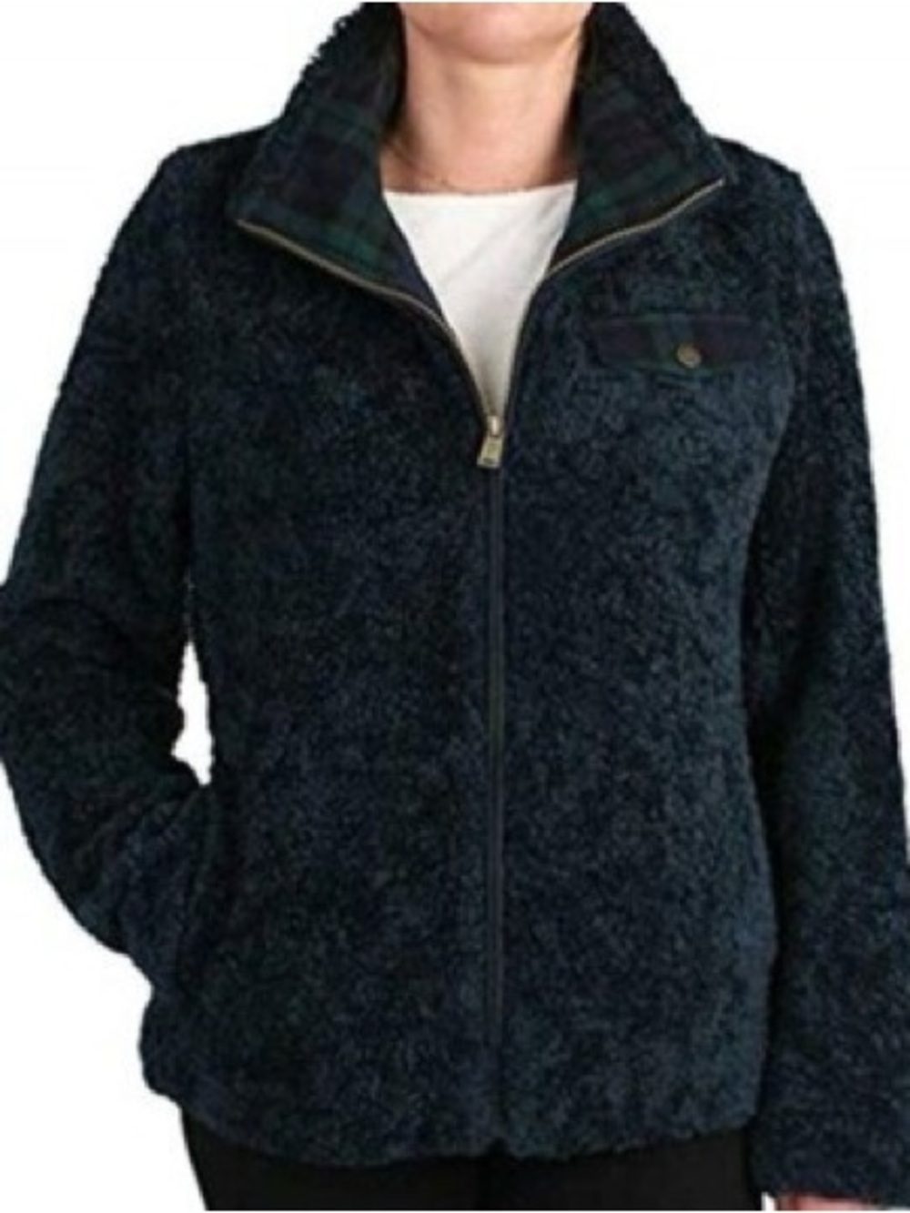 Pendleton dark teal Plush Sherpa Jacket with black watch Trim